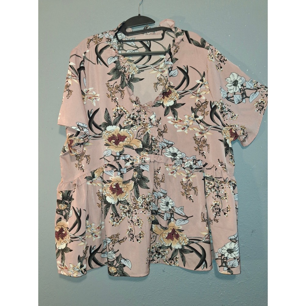 SHEIN Curve Pink Floral Ruffle V-Neck Babydoll Peplum Blouse Top 4XL